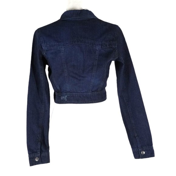 l.e.i. Cropped Jean Jacket Distressed Juniors Size M Indigo Blue Stretch Denim - Picture 2 of 10